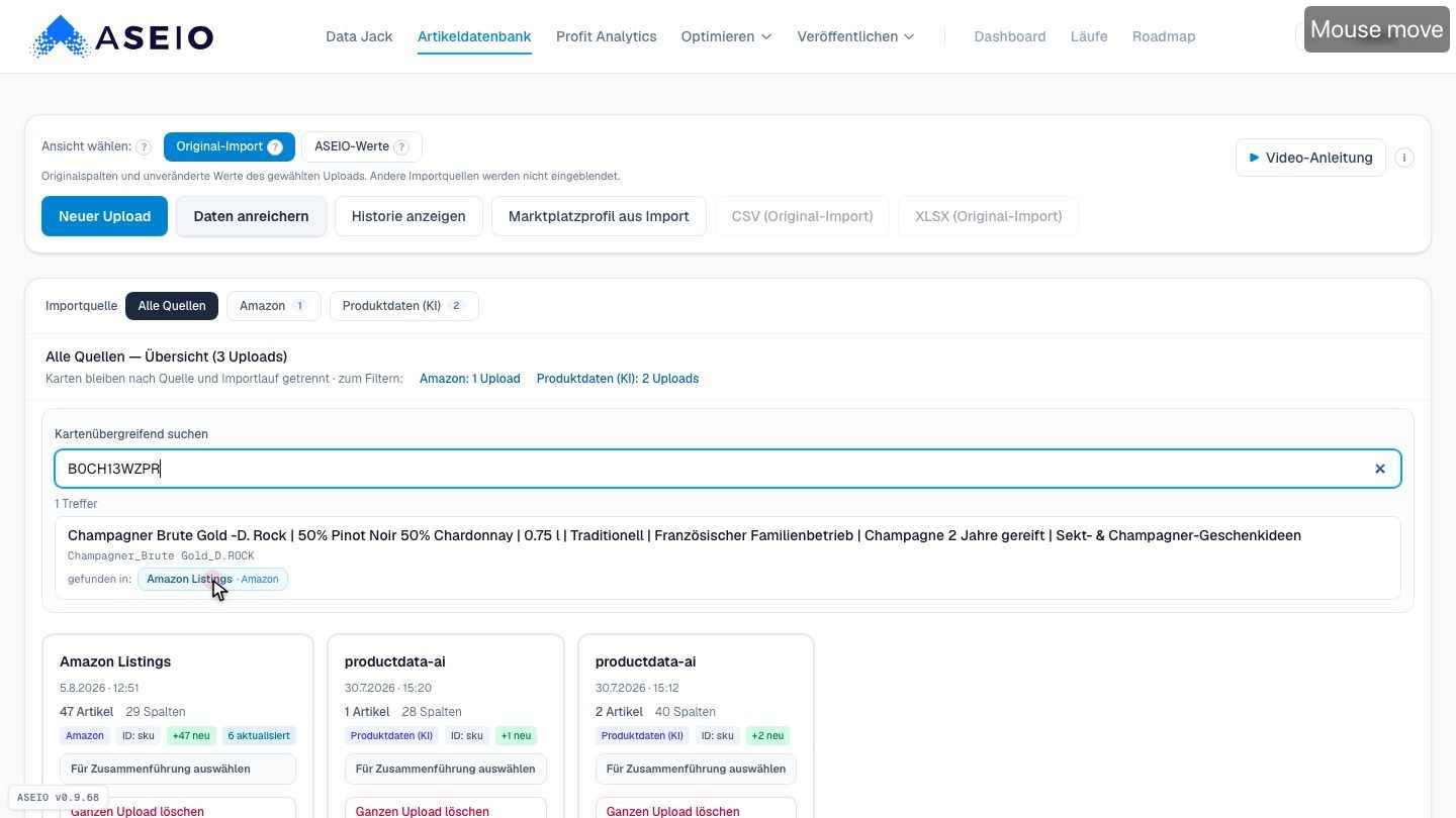 Screenshot: Artikeldatenbank: auswählen → in den Listing-Optimizer