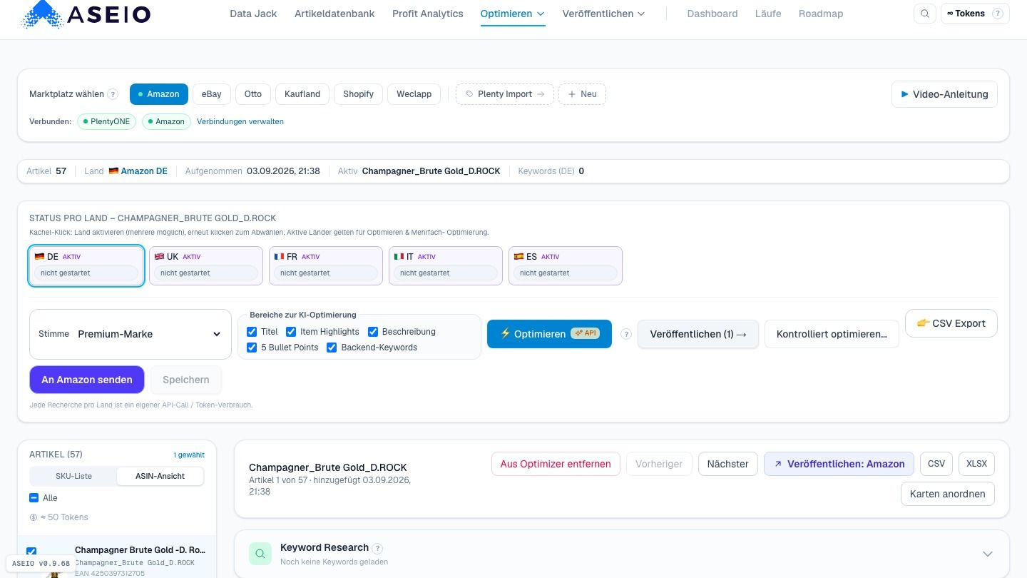 Screenshot: Optimizer: der importierte Artikel im Amazon-Kanal