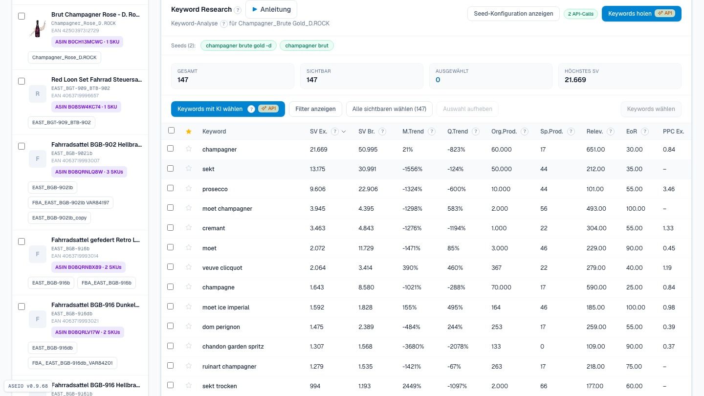 Screenshot: KI-Seeds → Keywords per API · optional Wettbewerber-ASINs