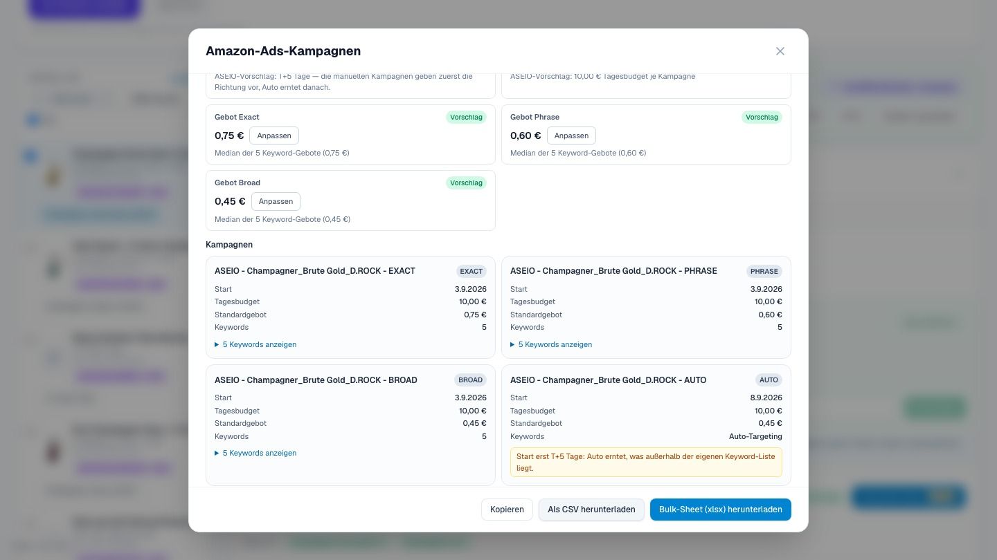 Screenshot: Vier Kampagnen aus den Listing-Keywords — mit Begründung