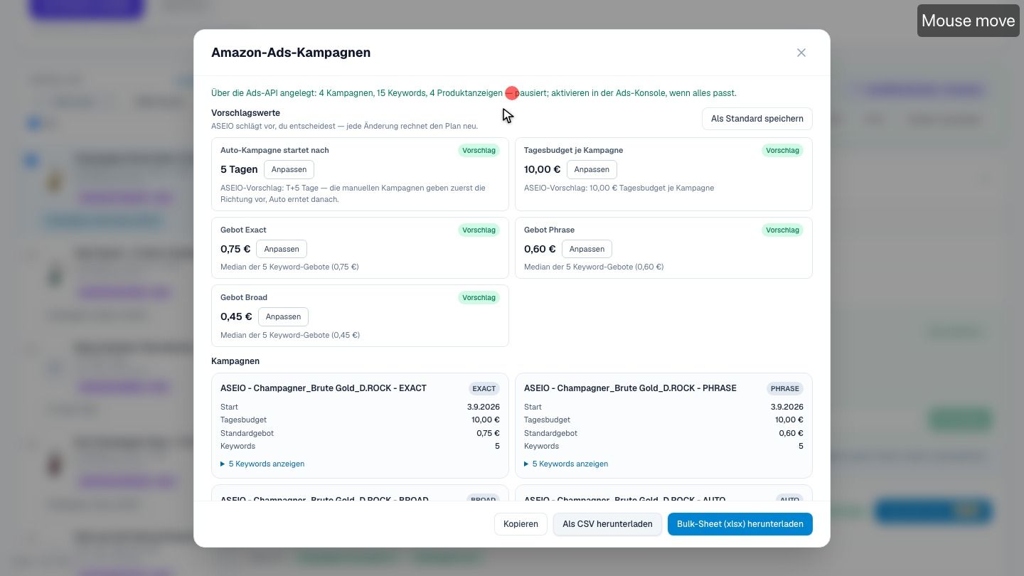 Screenshot: Per Ads-API angelegt — pausiert, du aktivierst