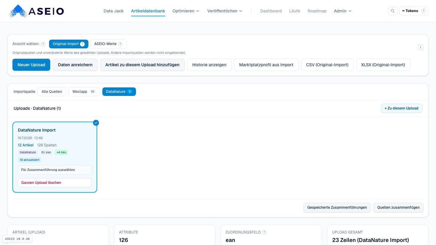Screenshot: Original-Import = Rohdaten · ASEIO-Werte = Arbeitsstand