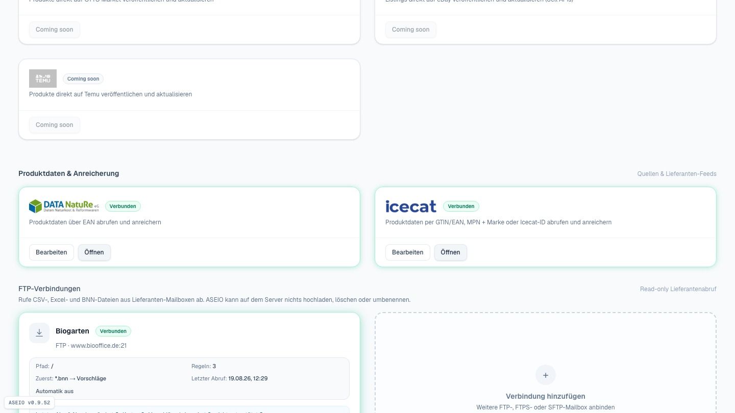 Screenshot: FTP-Preislisten · SEO · Versand · manueller Import
