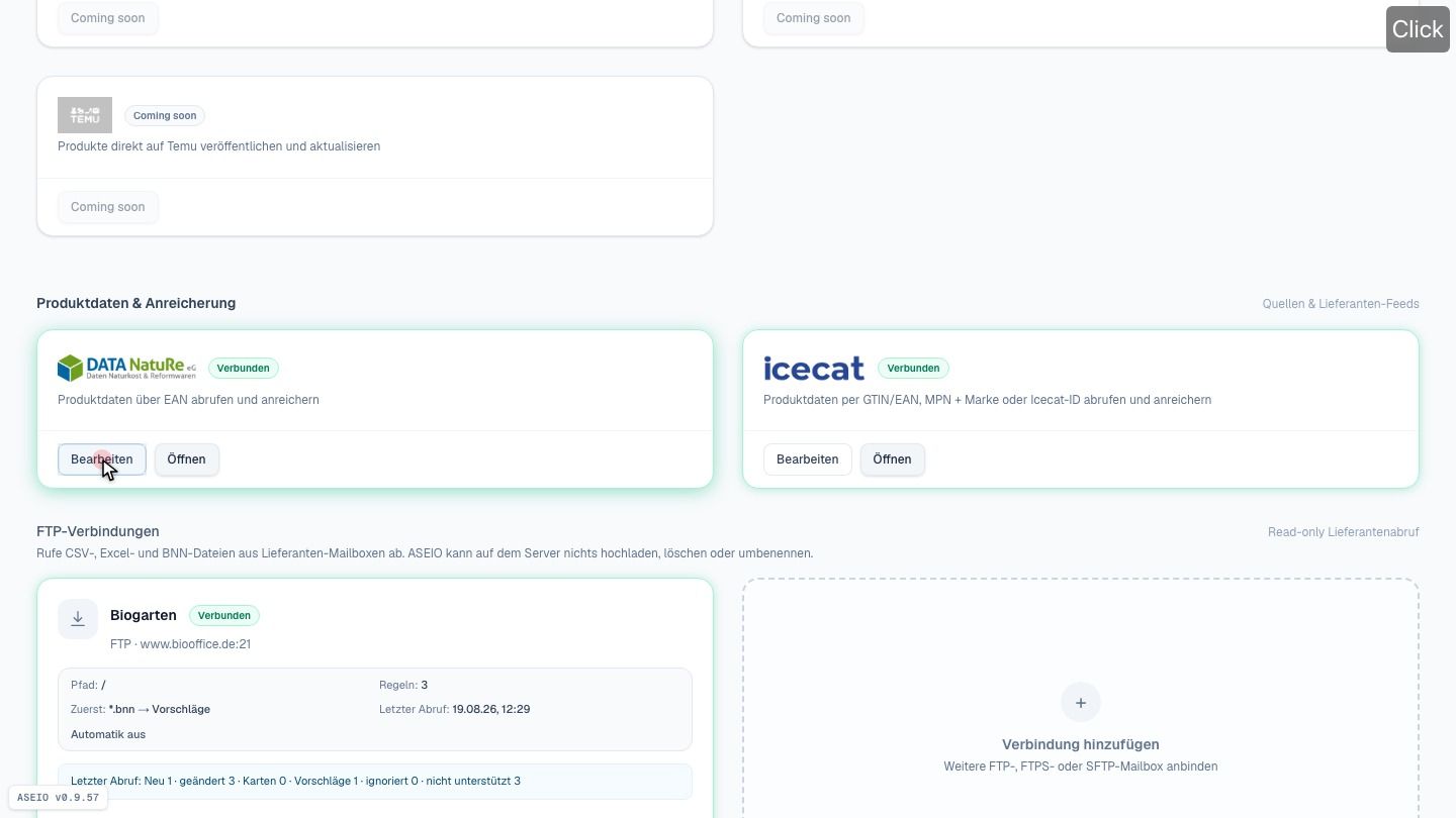 Screenshot: Data Jack → DataNature-Kachel → „Verbinden“ / „Bearbeiten“