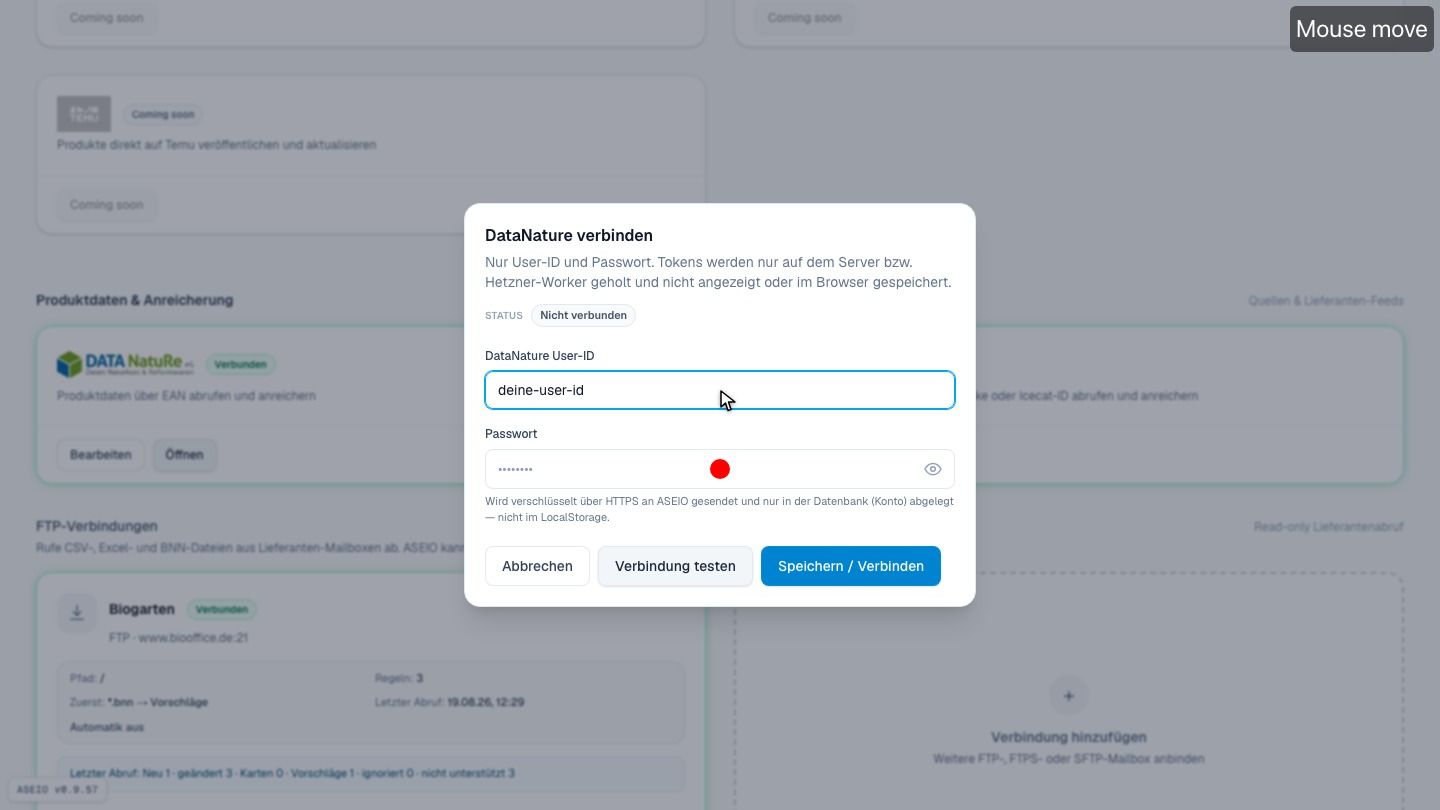 Screenshot: User-ID · Passwort (maskiert, verschlüsselt gespeichert)