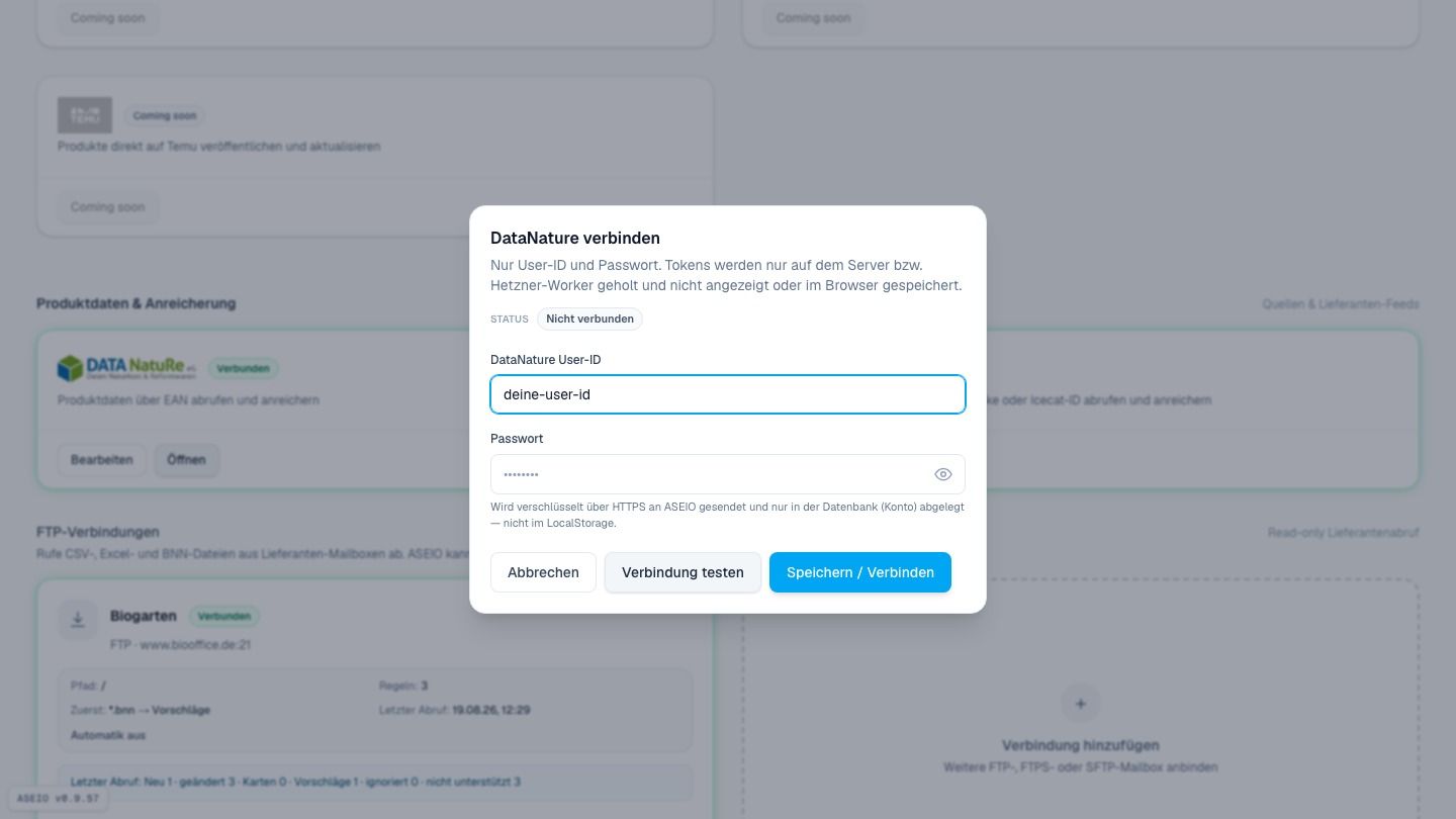 Screenshot: „Verbindung testen“ meldet sich sofort bei DataNature an
