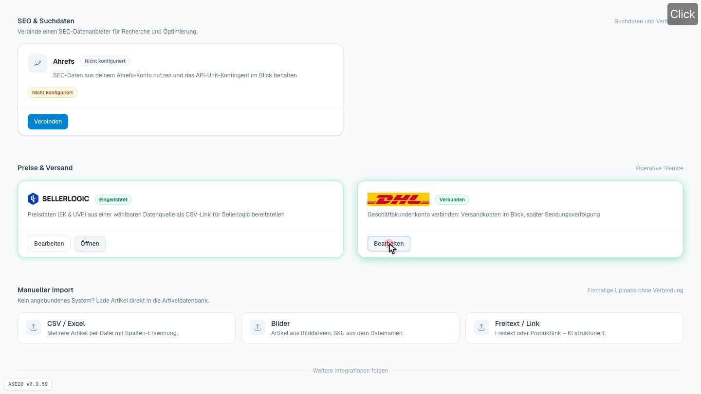 Screenshot: Data Jack → DHL-Kachel → „Verbinden“ / „Bearbeiten“