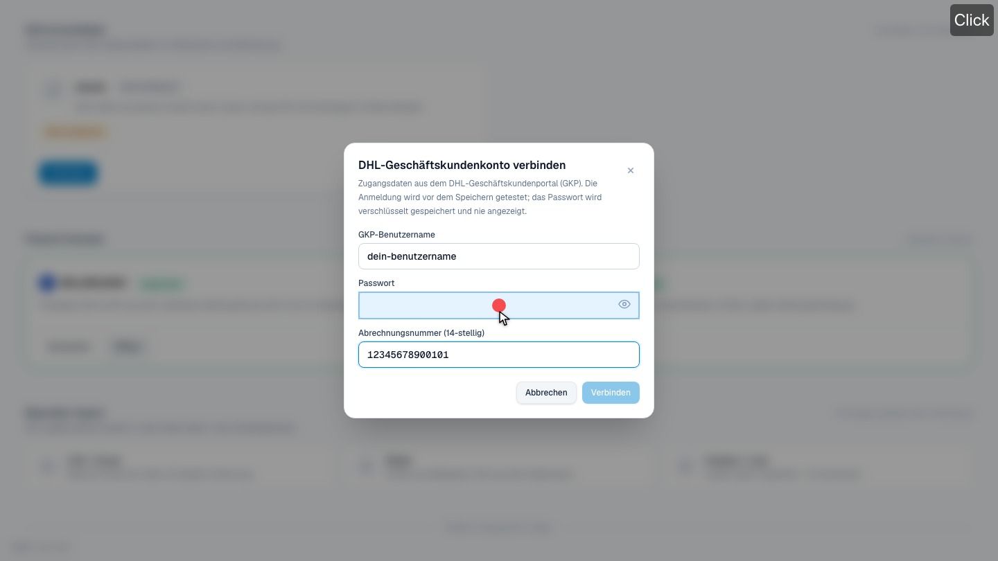 Screenshot: GKP-Benutzername · Abrechnungsnummer (14 Ziffern am Stück) · Passwort