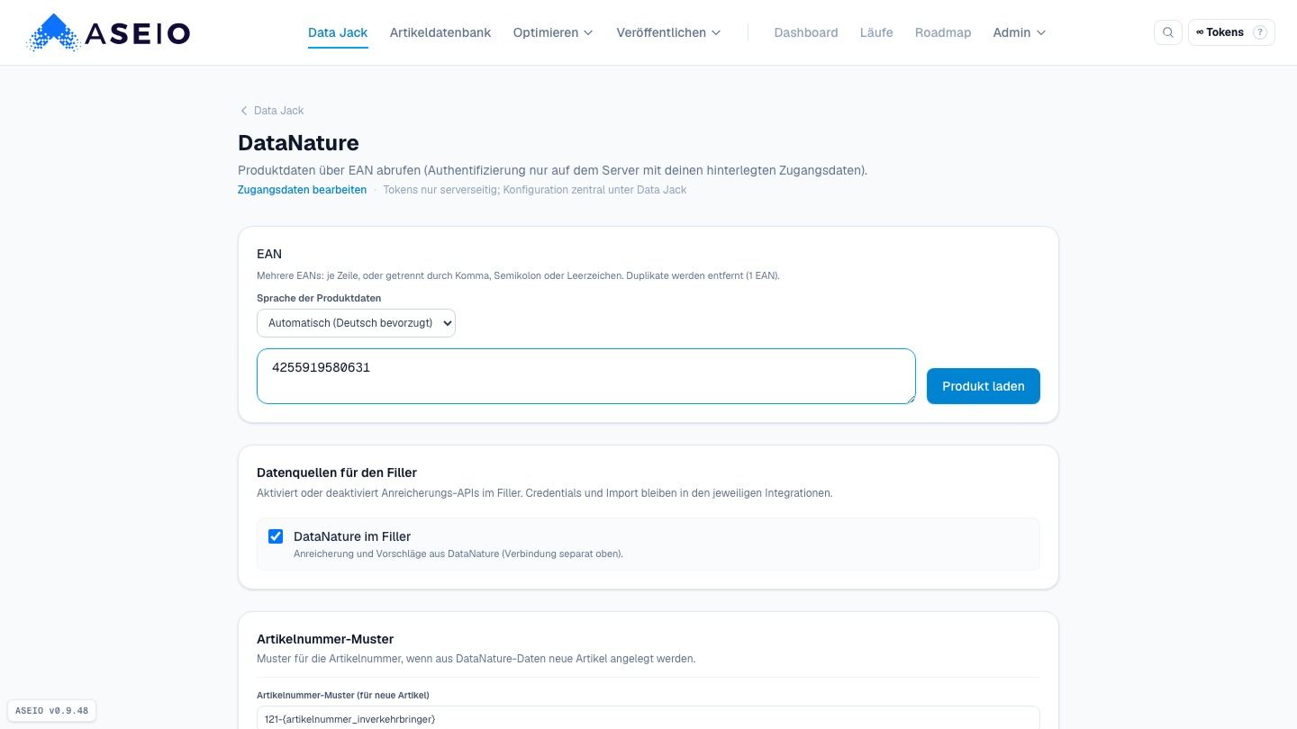 Screenshot: „Produkt laden“ fragt die Produktdatenbank ab