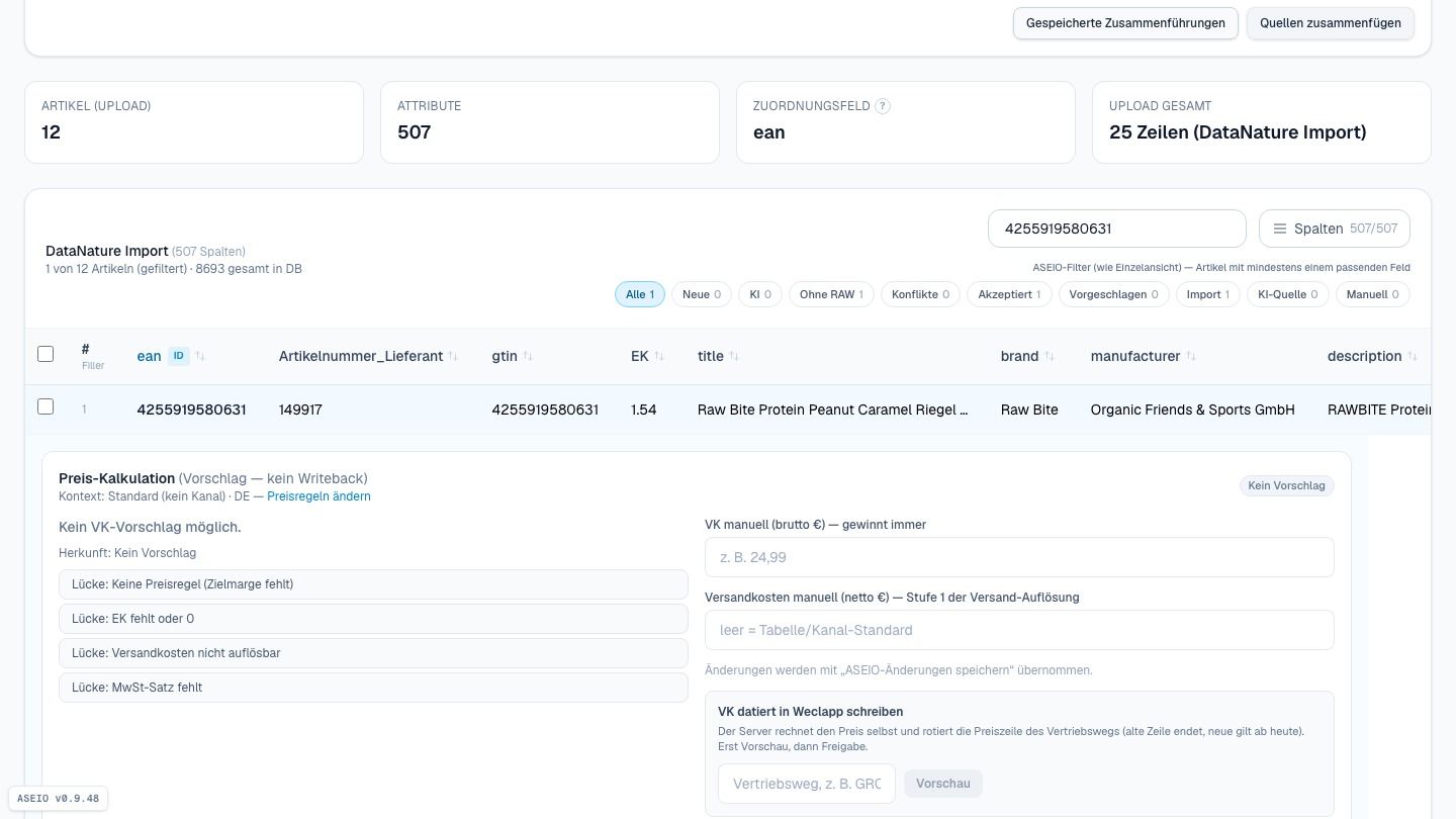 Screenshot: Artikeldatenbank: je Import eine eigene Karte