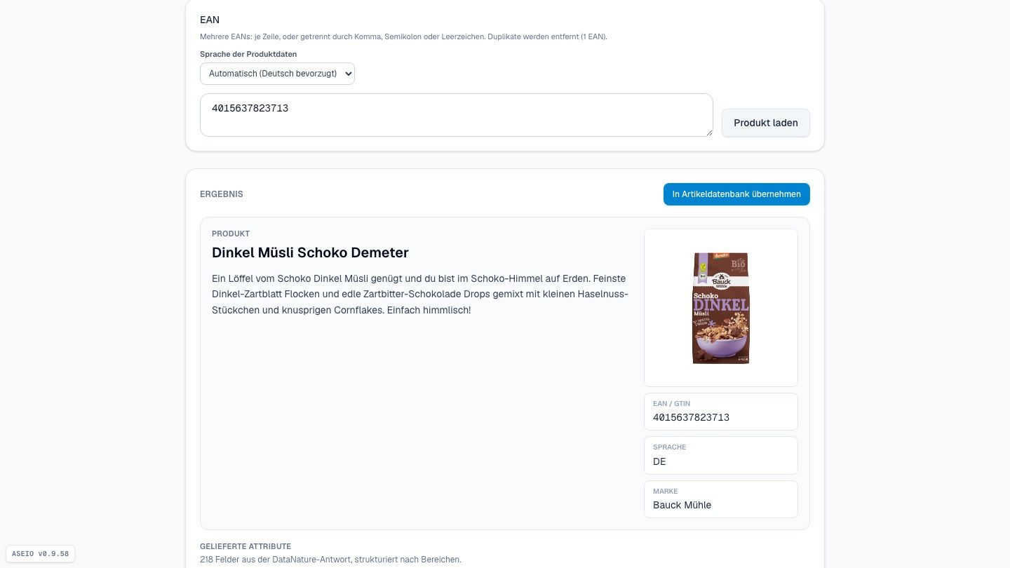 Screenshot: Herstellerdaten geladen — nur Ansicht, noch keine Änderung