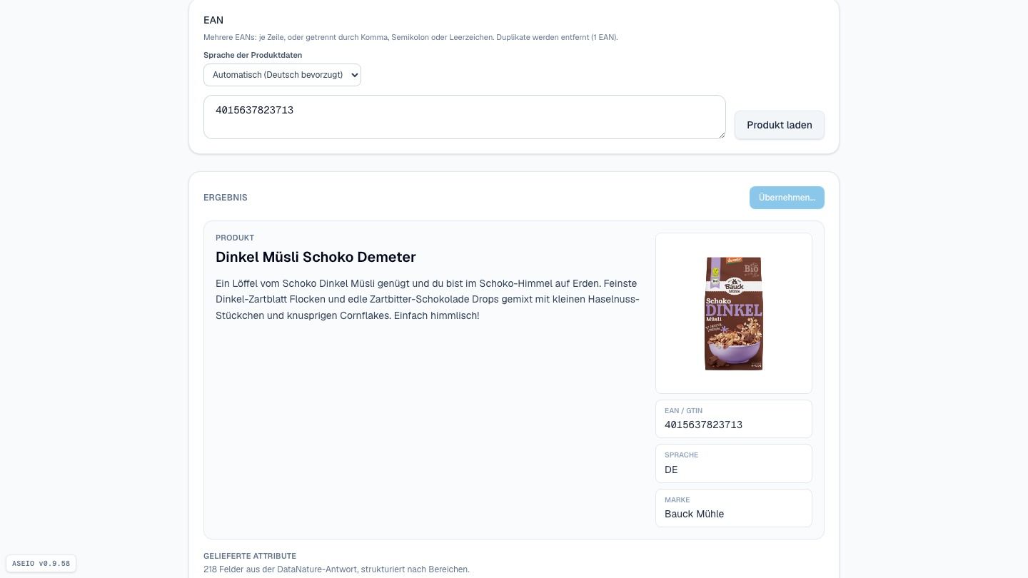 Screenshot: Übernommen — im ASEIO-Bestand, in Weclapp noch nicht
