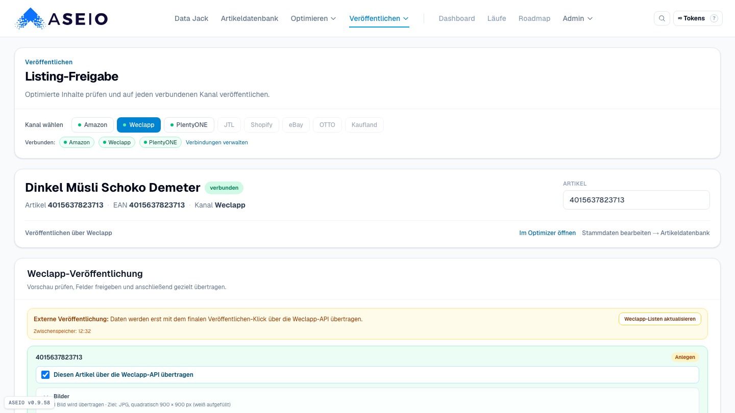 Screenshot: Kein Treffer in Weclapp → ASEIO plant eine NEUANLAGE