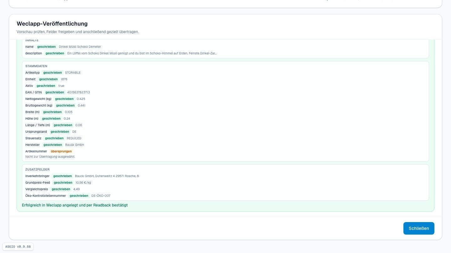 Screenshot: Neu in Weclapp — vollständig, geprüft, per Readback bestätigt