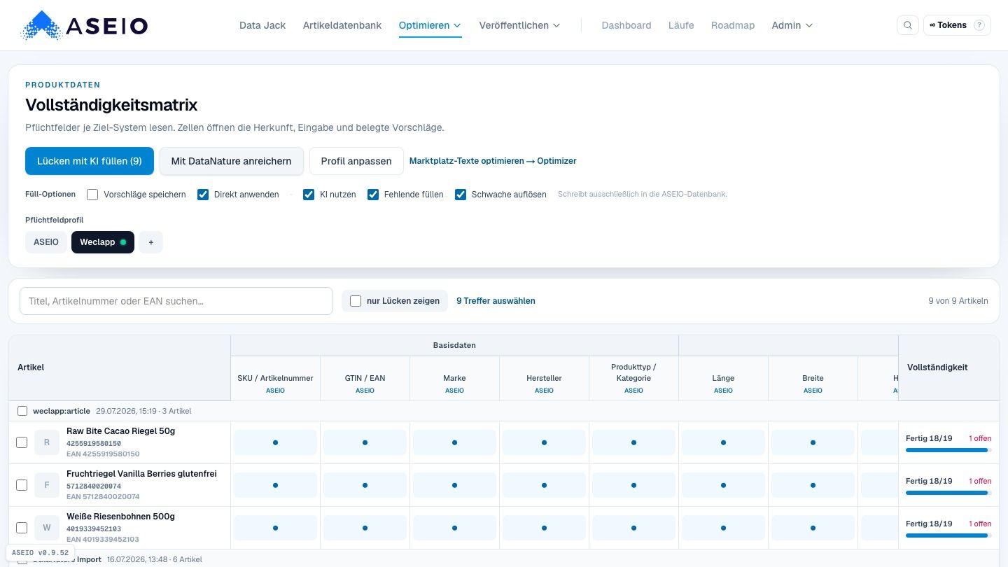 Screenshot: „Lücken mit KI füllen“ — schreibt nur in die ASEIO-Datenbank