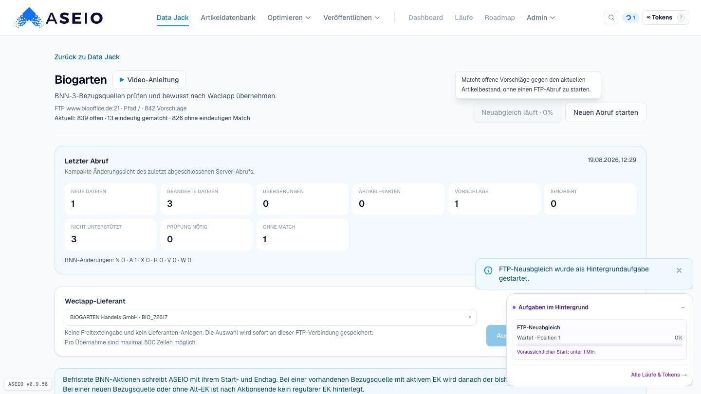 Screenshot: „Neu abgleichen“: EAN-Match gegen deine Artikel
