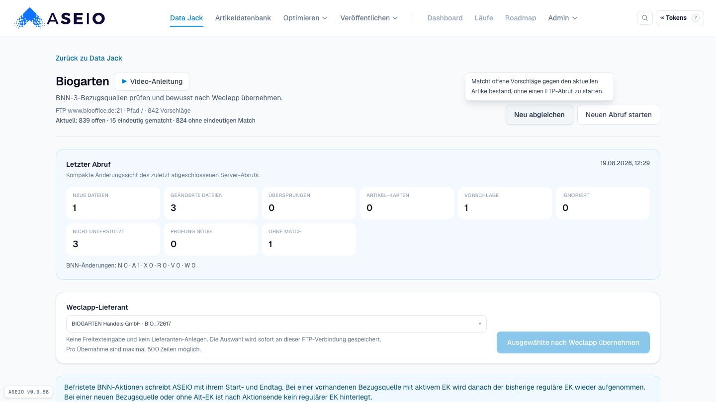 Screenshot: Badges: Neu · Änderung · Ausgelistet