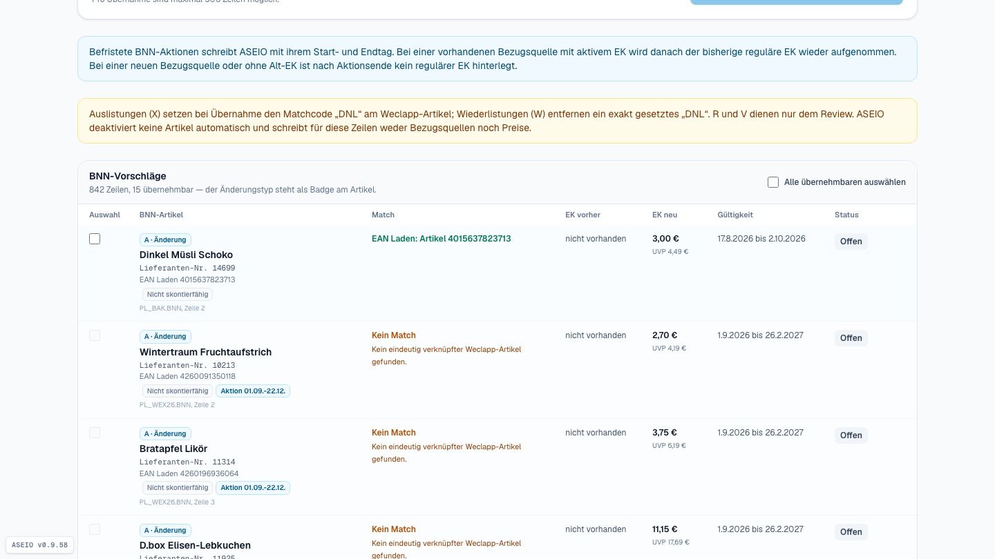Screenshot: Die Müsli-Zeile: EK 3,00 € — anhaken