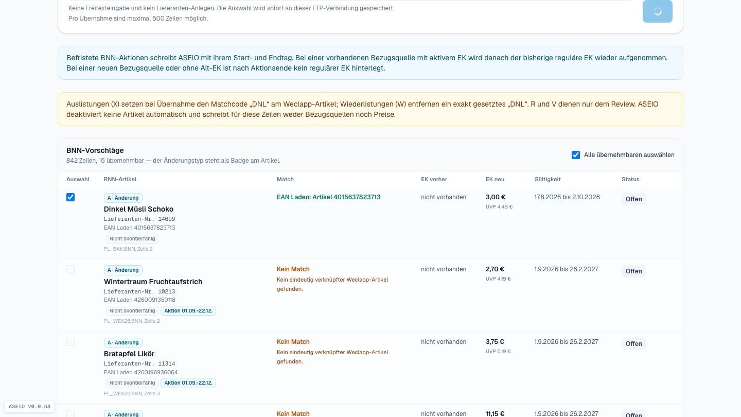 Screenshot: Übernahme: Bezugsquelle + EK landen am Weclapp-Artikel
