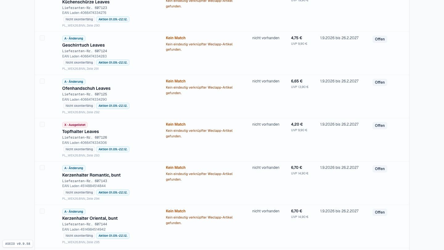 Screenshot: Ausgelistet → Kennzeichen „DNL_ASEIO“ im Matchcode, nichts wird gelöscht