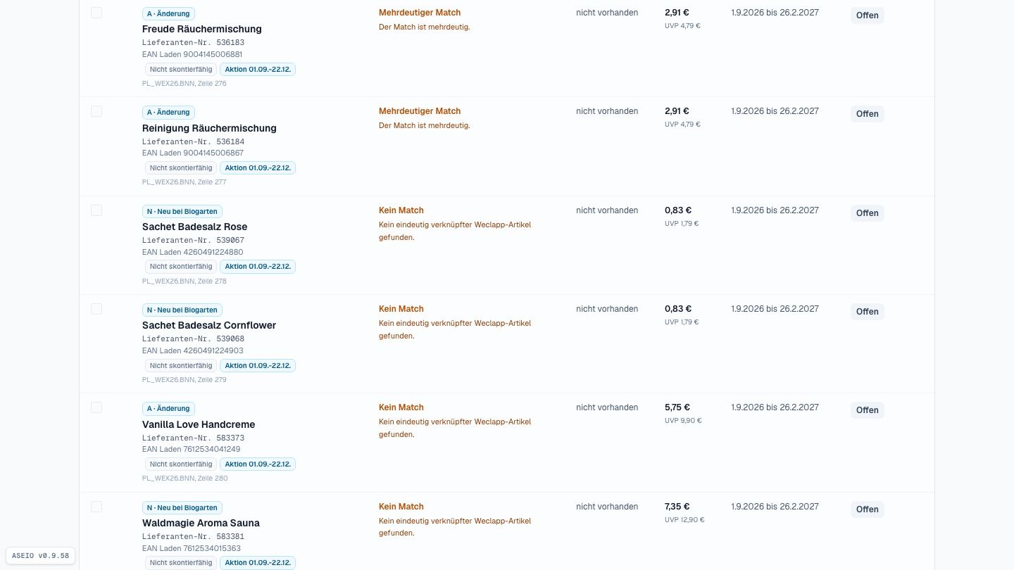 Screenshot: Abholen · abgleichen · du übernimmst — Artikel komplett