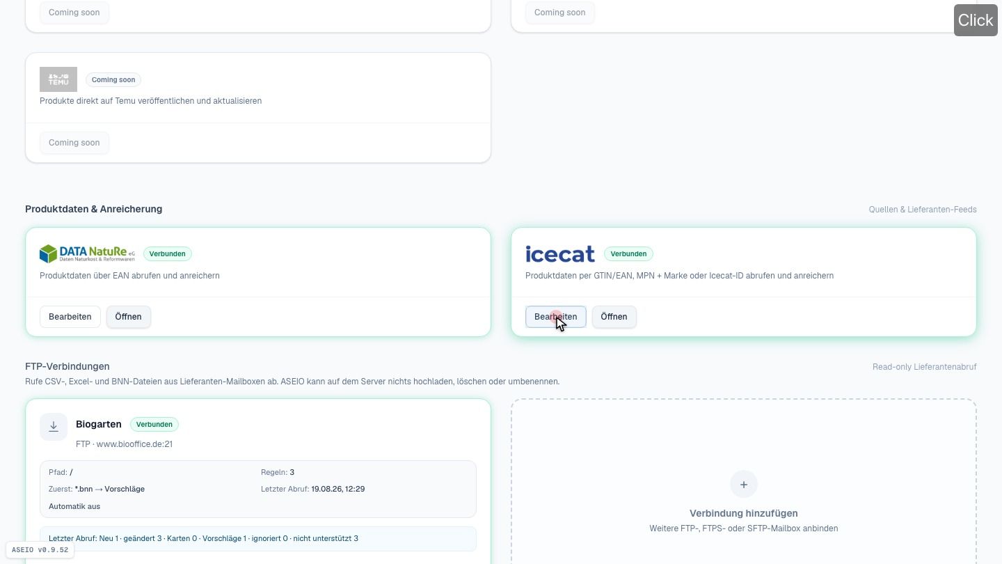 Screenshot: Data Jack → Icecat-Kachel → „Verbinden“ / „Bearbeiten“