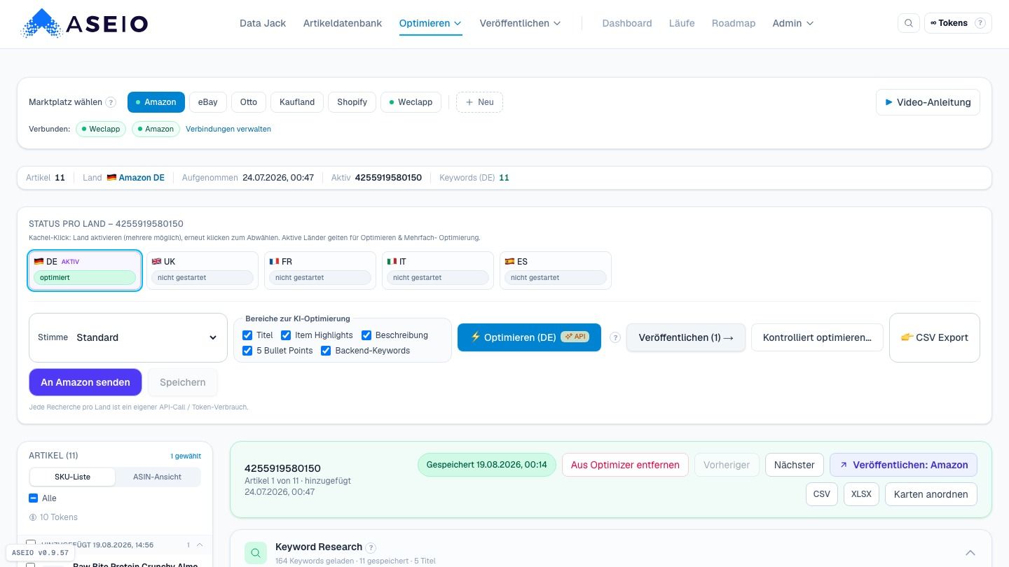 Screenshot: Keyword Research: geladen & gespeichert — je Land