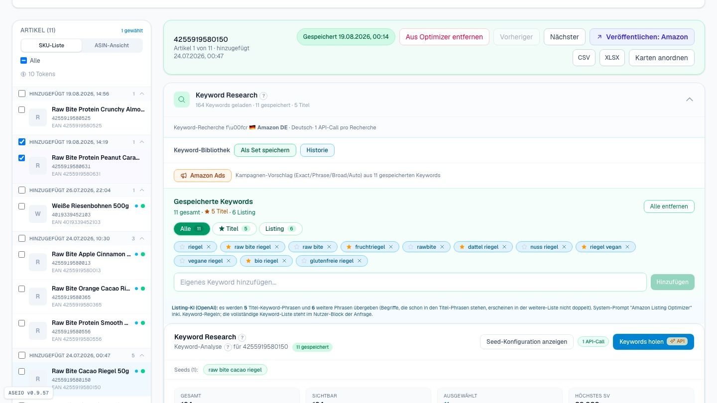 Screenshot: Gespeicherte Keywords: Titel- und Listing-Auswahl für die KI