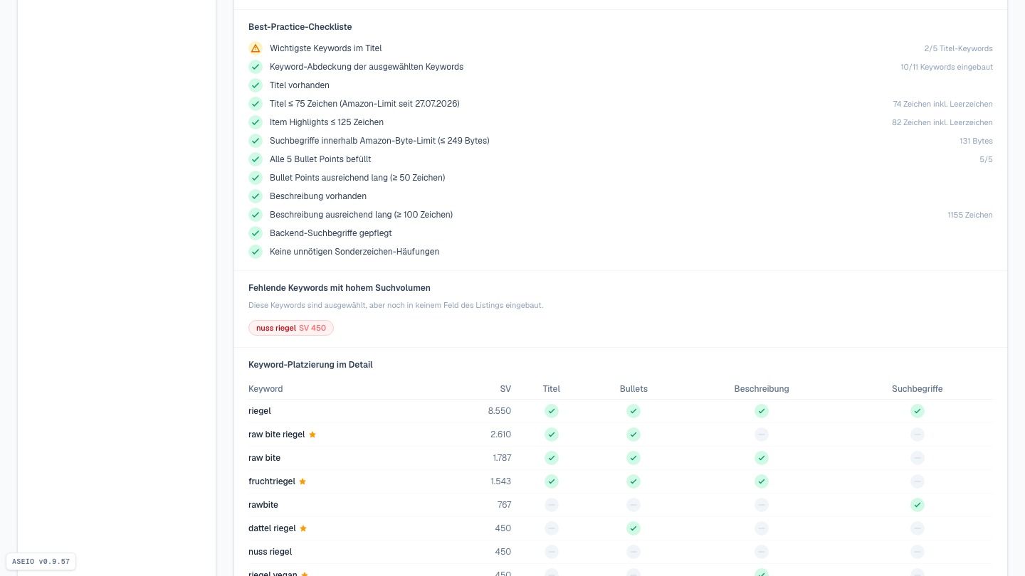Screenshot: Checkliste + fehlende Keywords: was als Nächstes dran ist