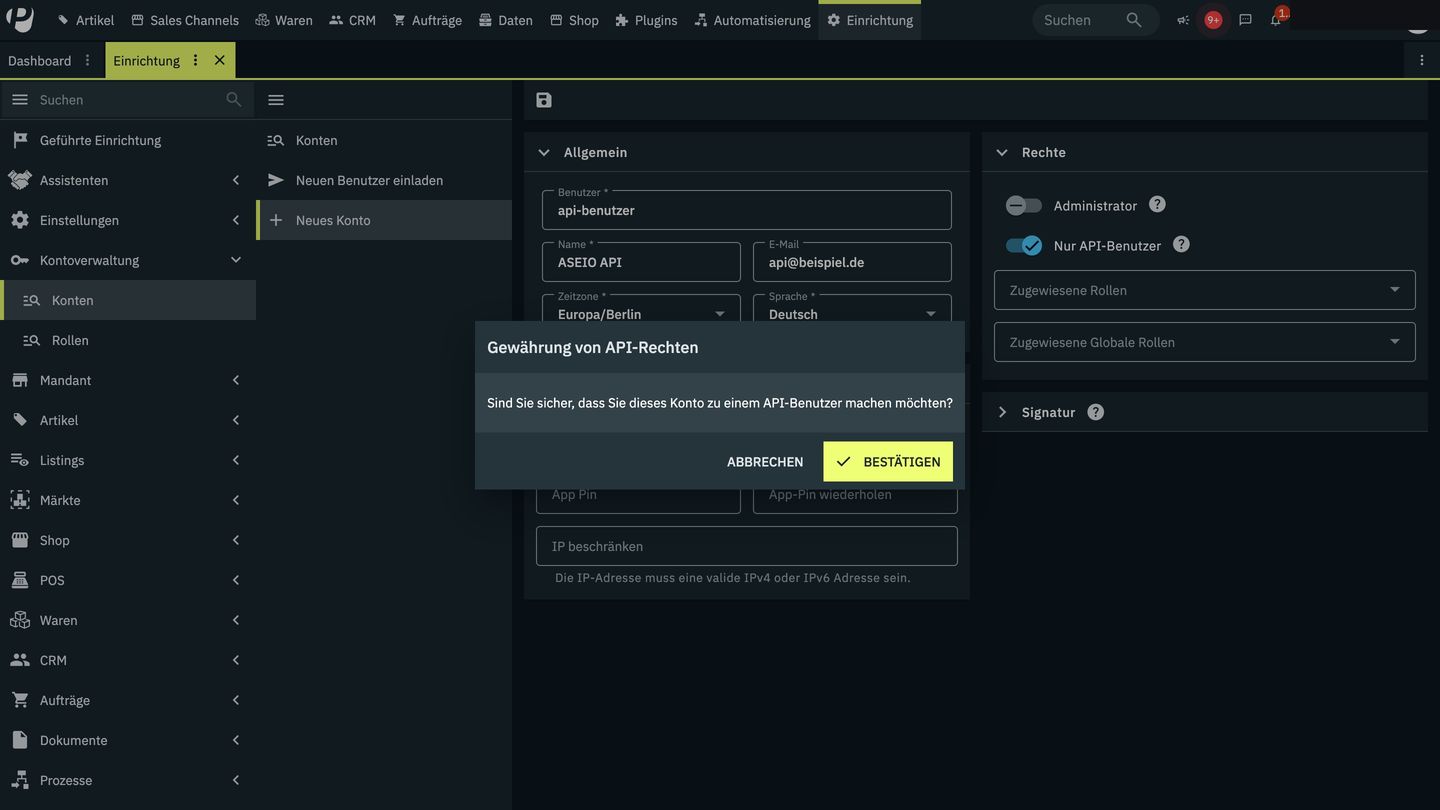 Screenshot: „Nur API-Benutzer“ — Login nur über die Schnittstelle