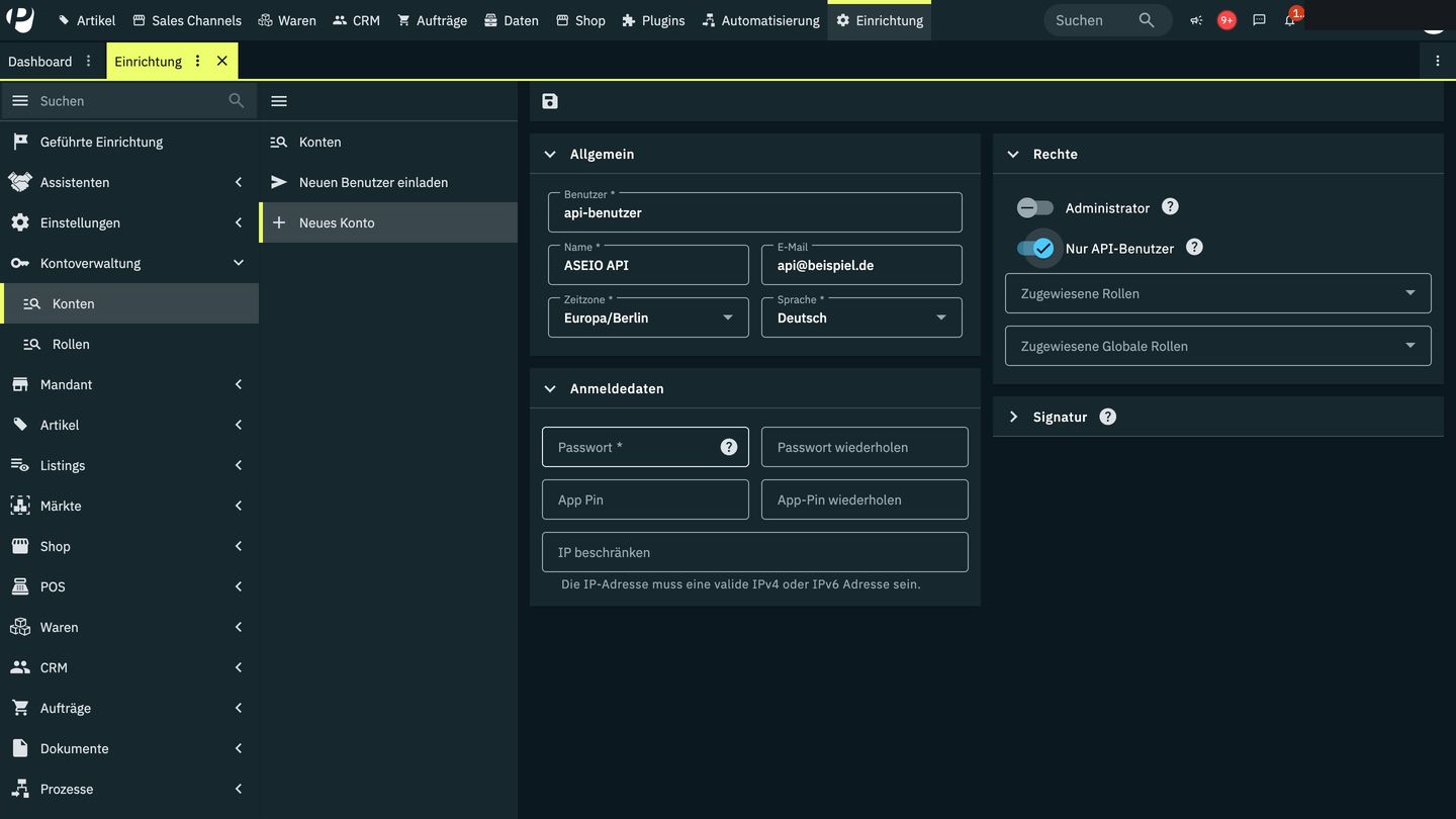 Screenshot: Speichern → URL, Benutzer, Passwort für ASEIO notieren