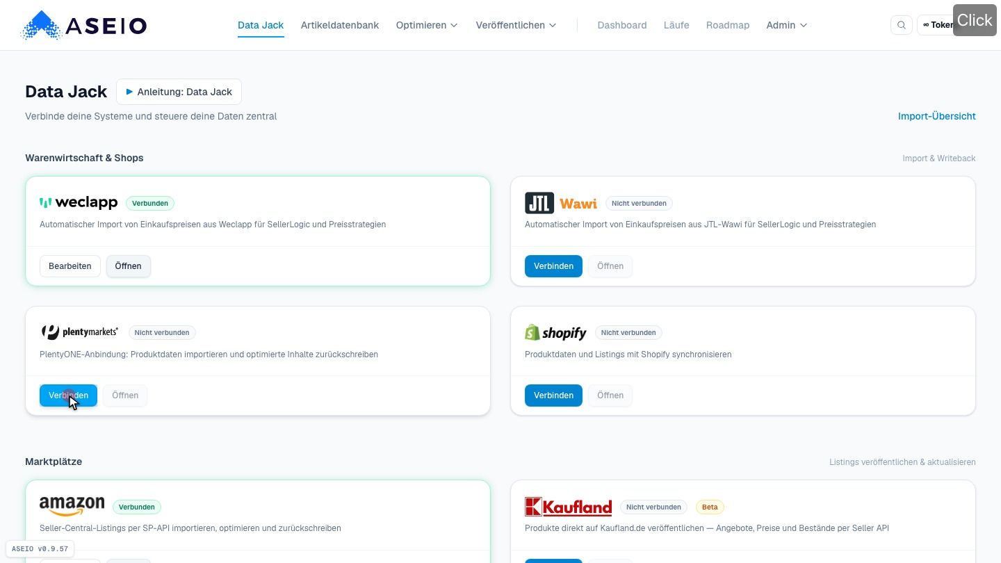Screenshot: Data Jack → Plenty-Kachel → „Verbinden“