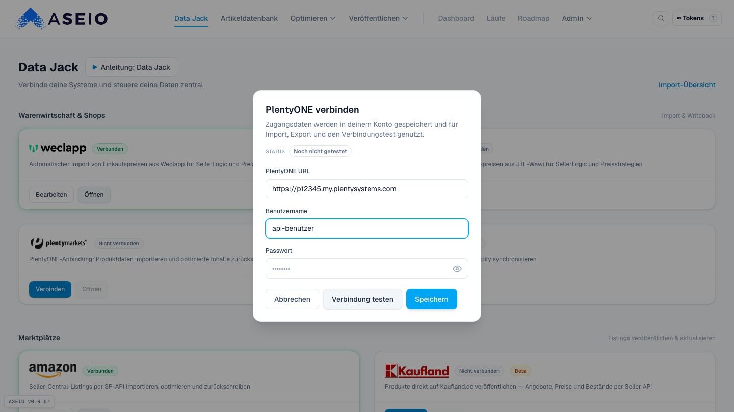 Screenshot: „Verbindung testen“ meldet sich direkt bei Plenty an