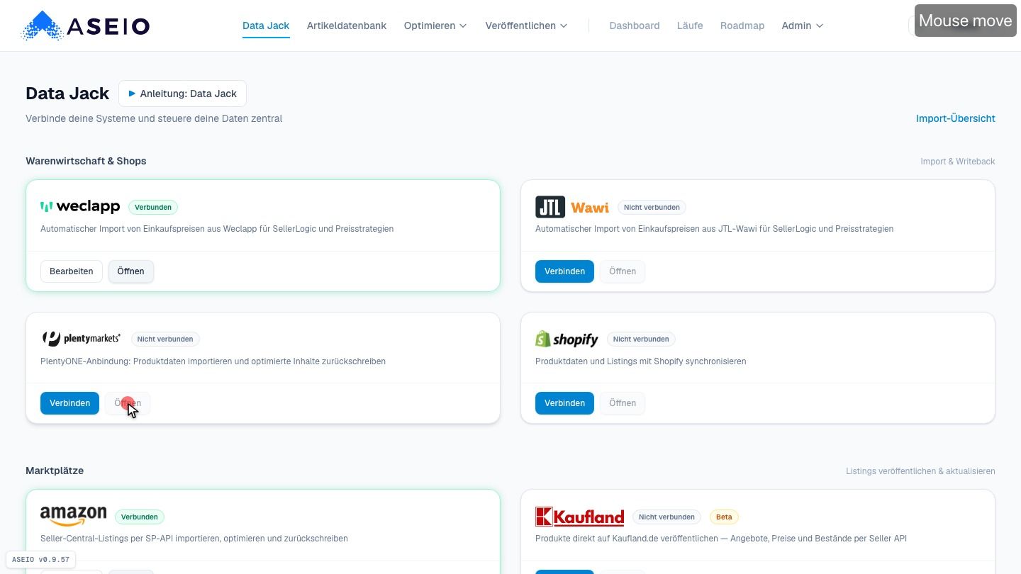 Screenshot: Nach dem Speichern: Badge „Verbunden“ — über „Öffnen“ weiter