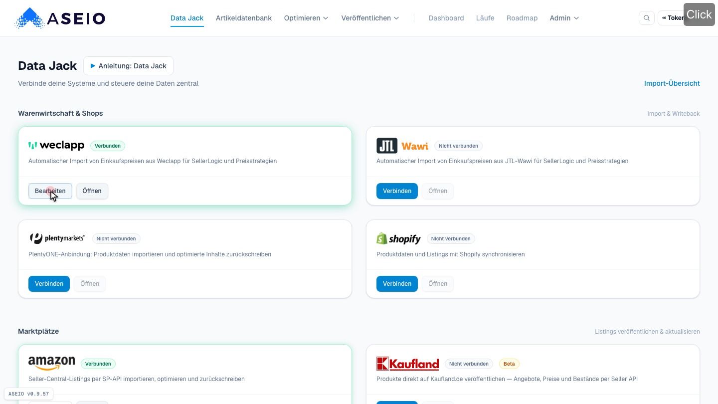 Screenshot: Data Jack → Weclapp-Kachel → „Verbinden“ / „Bearbeiten“