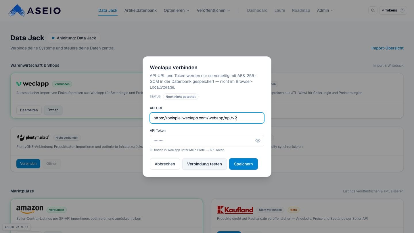 Screenshot: API-URL · API-Token (maskiert, verschlüsselt gespeichert)