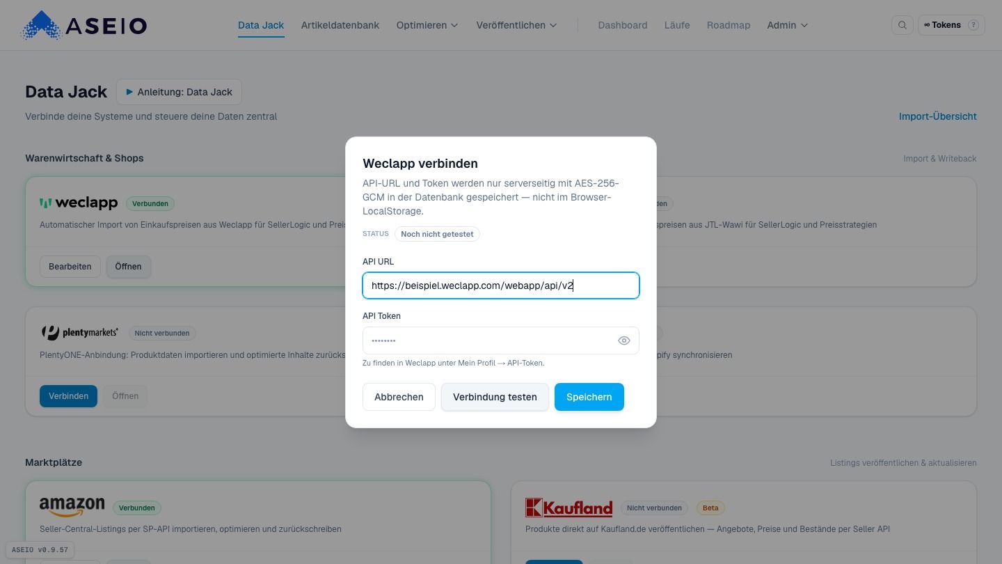 Screenshot: „Verbindung testen“ prüft sofort gegen dein Weclapp