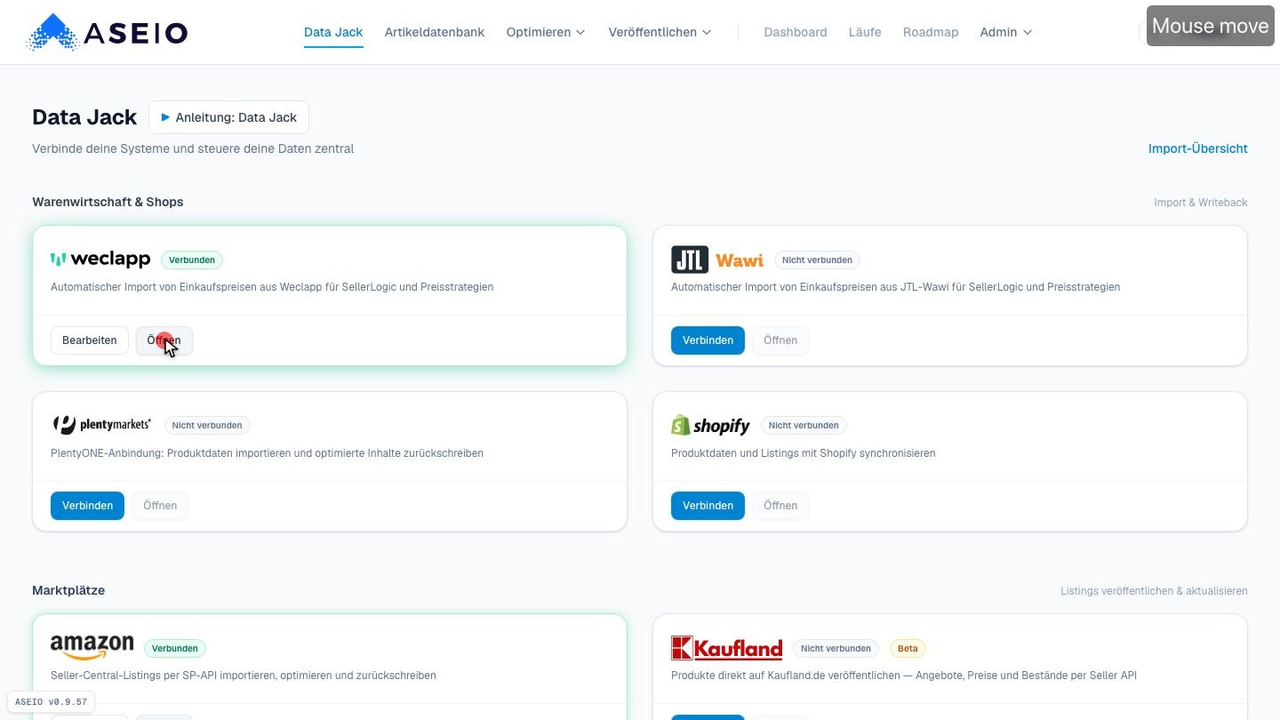 Screenshot: Badge „Verbunden“ — Import & Writeback sind bereit